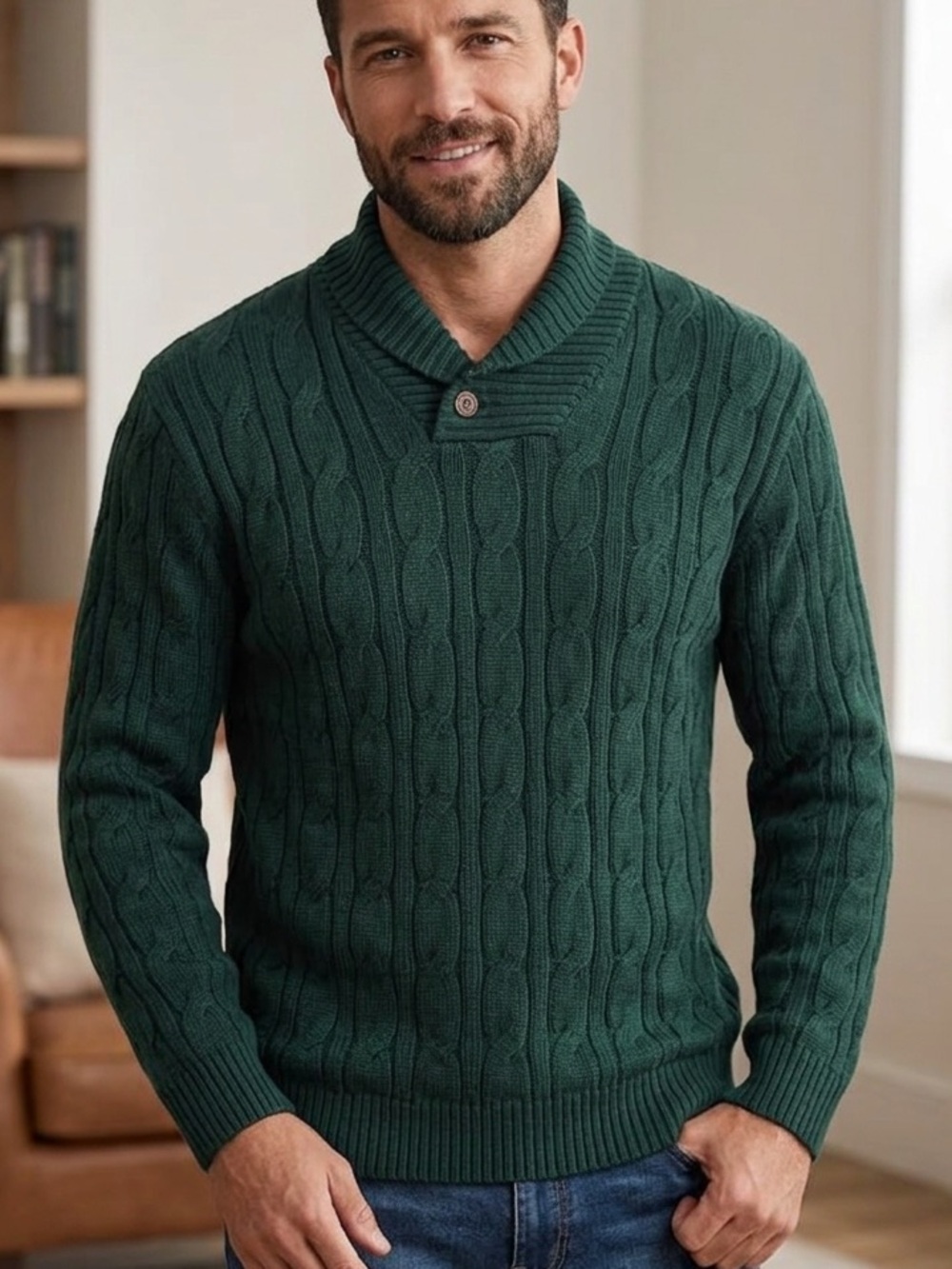 Men's XL Cable Knit Button Mock Neck Sweater Deep Green casual work, Travel 1410
